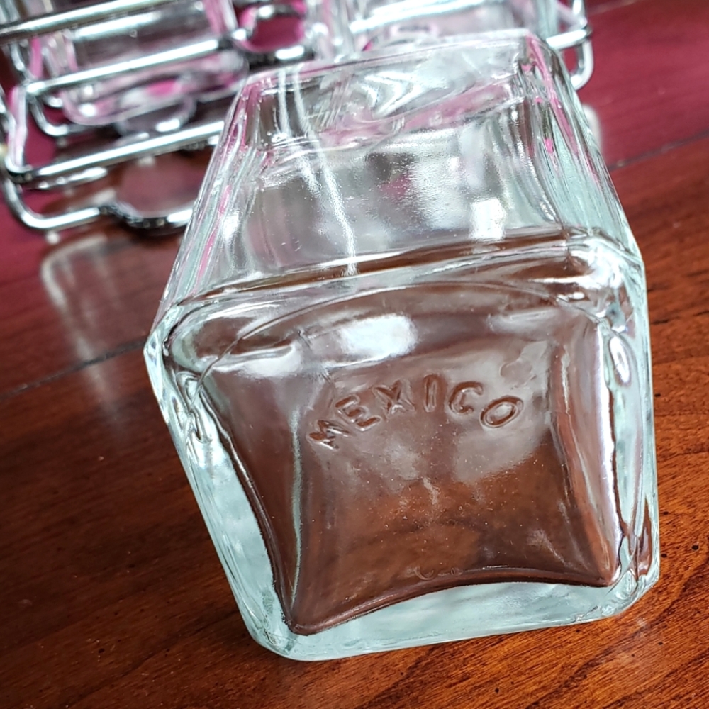 2 Sets, Oil & Vinegar Bottles w/ Metal Caddy & Oil & Vinegar Glass Shakers - Picture 9 of 11